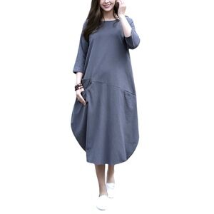 Anysize‎ Women’s XL Gray Soft Linen Blend 3/4 Sleeve Loose Comfort Casual Dress